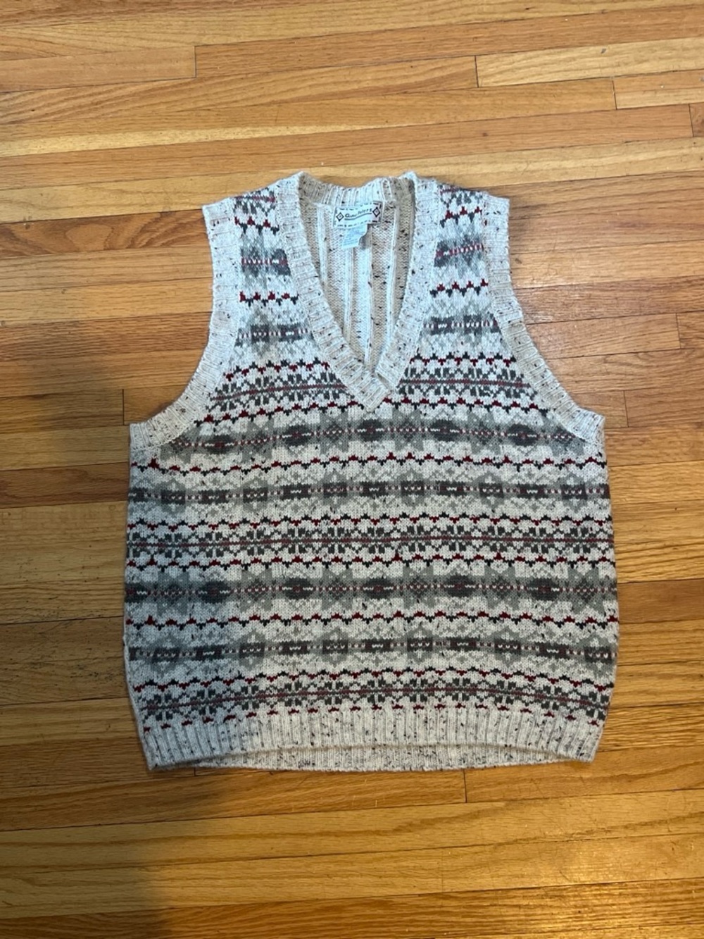Vintage Gina Peter’s Fair Isle Knit V-Neck Sweater Vest - Cream & Gray